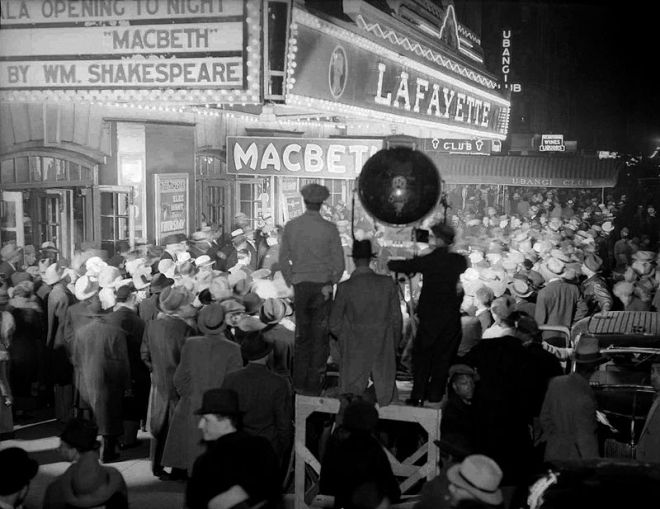 Opening night of Orson Welles' "Macbeth" outside the Lafayette Theater in Harlem, 1936.